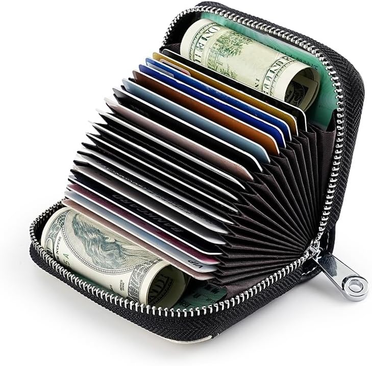 Linno RFID 20 Slots Credit Card Holder Genuine Leather Small Wallet for Women or Men with Zipper - Image 1
