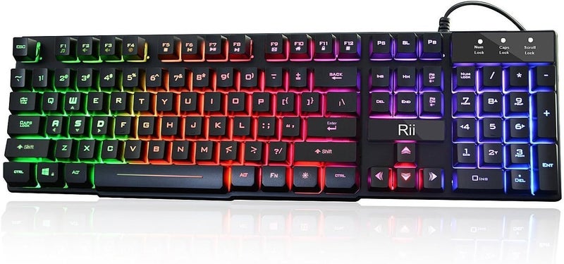 Rii RK100+ Multiple Color Rainbow LED Backlit Large Size USB Wired Mechanical Feeling Multimedia PC Gaming Keyboard,Office Keyboard for Working or Primer Gaming,Office Device - Image 1