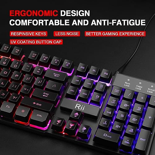 Rii RK100+ Multiple Color Rainbow LED Backlit Large Size USB Wired Mechanical Feeling Multimedia PC Gaming Keyboard,Office Keyboard for Working or Primer Gaming,Office Device - Image 2