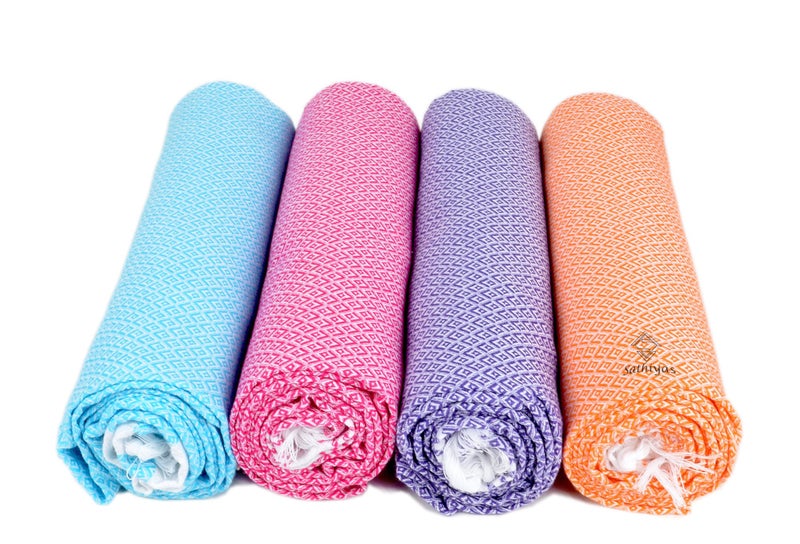 Sathiyas Cotton Bath Towel Pack of 4 (Blue || Pink || Lavender || Orange) - Image 1