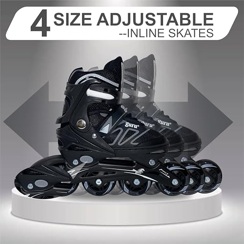 GURU Inline Skates, Inline Skates 4 Wheels 70mm for Kids & Adults Large Size in-line Skates - Size 36-39 Euro (Black) - Image 2