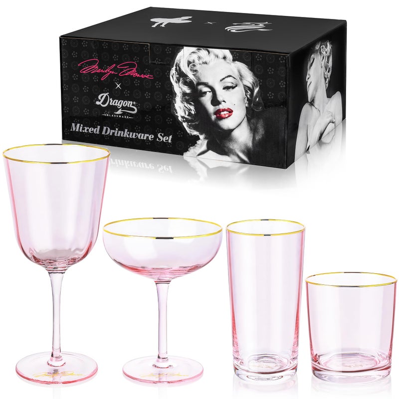 Dragon Glassware x Marilyn Monroe Pink Drinkware Set of 4 Includes Wine Martini Whiskey Drinking Glasses Marilyn Monroe Gifts for Women Pink Glassware Set - Image 2