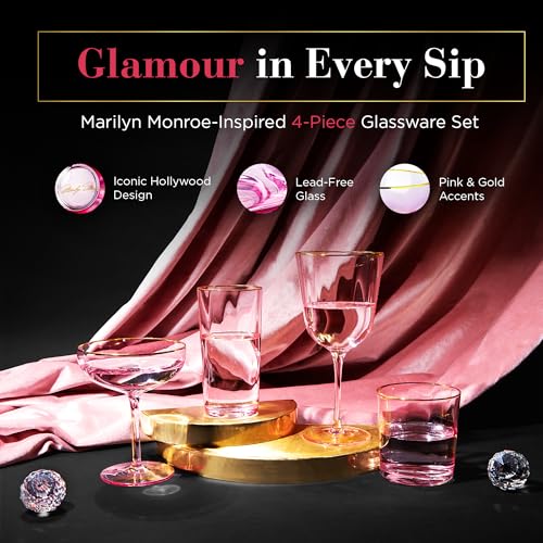 Dragon Glassware x Marilyn Monroe Pink Drinkware Set of 4 Includes Wine Martini Whiskey Drinking Glasses Marilyn Monroe Gifts for Women Pink Glassware Set - Image 3