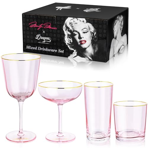 Dragon Glassware x Marilyn Monroe Pink Drinkware Set of 4 Includes Wine Martini Whiskey Drinking Glasses Marilyn Monroe Gifts for Women Pink Glassware Set - Image 1