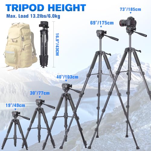 Arsoer 74" DSLR Camera Tripod with 2 QR Plates for Sony/Nikon/Canon, Lightweight Video Tripod Stand for Travelling, Phone Tripod with Fluid Head/Phone Holder/Wireless Remote (Max.Load 6kg) - Image 2