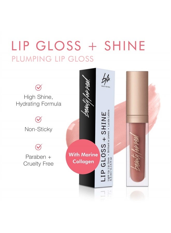 Beauty For Real Lip Gloss + Shine, Nudist - Beige Nude Pink - Non-Sticky Plumping & Hydrating Gloss - Light & Mirror In Cap - Contains Marine Collagen - 0.15 fl oz 