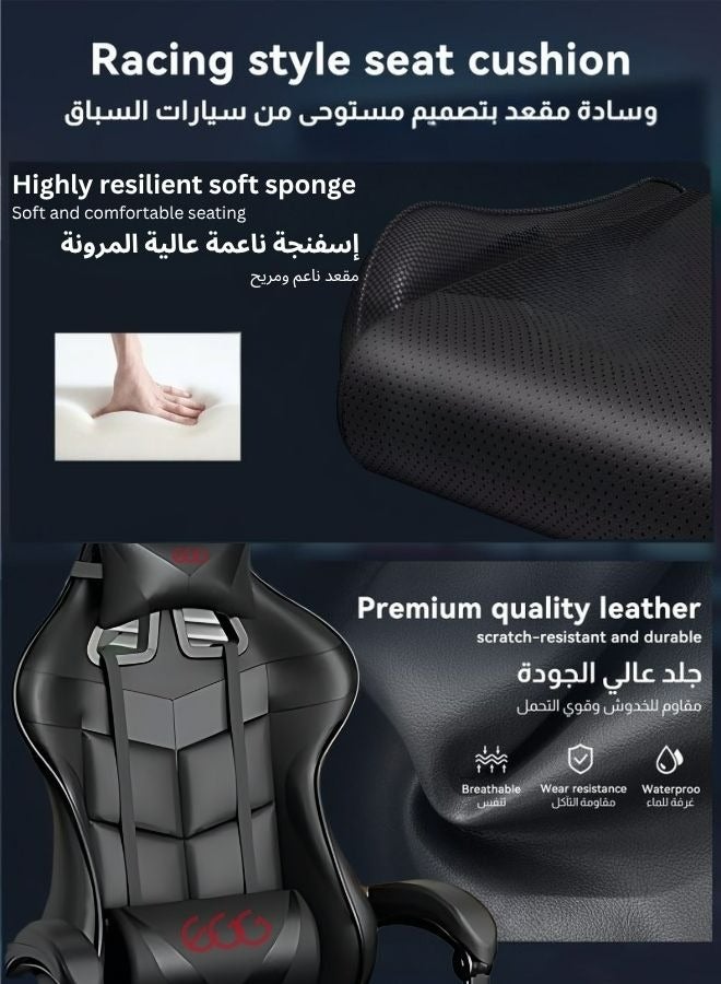 إج كرسي ألعاب الرياضات الإلكترونية، كرسي كمبيوتر قابل للتعديل، مكتب كمبيوتر، جلد PU، مسند ظهر مرتفع، دعم قطني، مساند ذراعين مريحة، مسند رأس مع مسند للقدمين، دوران 360 درجة، أسود رمادي - Image 5