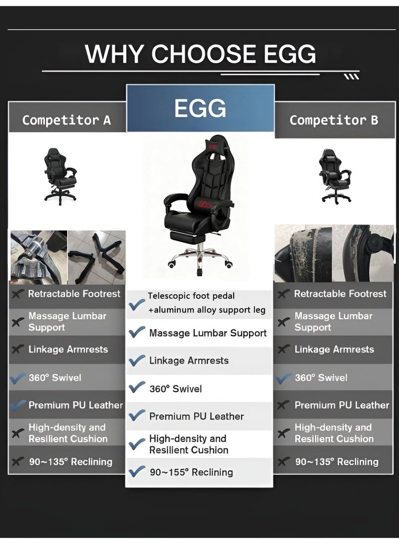 Egg Iron Foot Esports Gaming Chair, Adjustable Computer Chair, Computer Office, Pu Leather, High Backrest, Lumbar Support, Comfortable Armrests, Headrest With Footrest, 360° Rotation,Dark Grey 48X25.2X25.2 Inch ﻿ - Image 2
