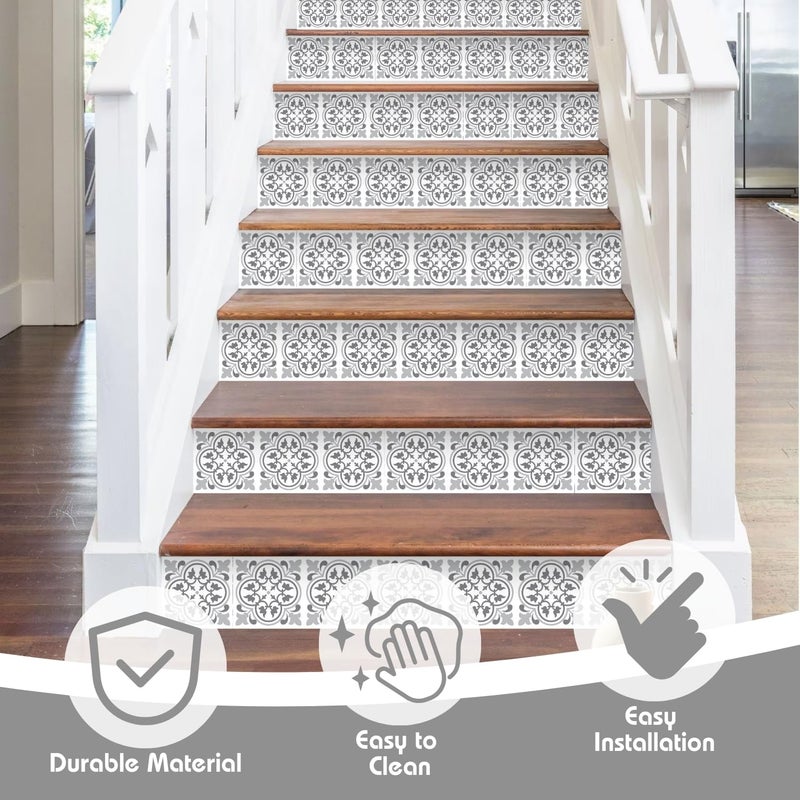 WALPLUS Peel and Stick Stair Riser Decals 15 Strips 39" x 7.1" Antique Pattern Tiles Stair Stickers Stair Decals Stair Risers Covers Wallpaper for Stairs Easy Installation Home Decor - Image 3