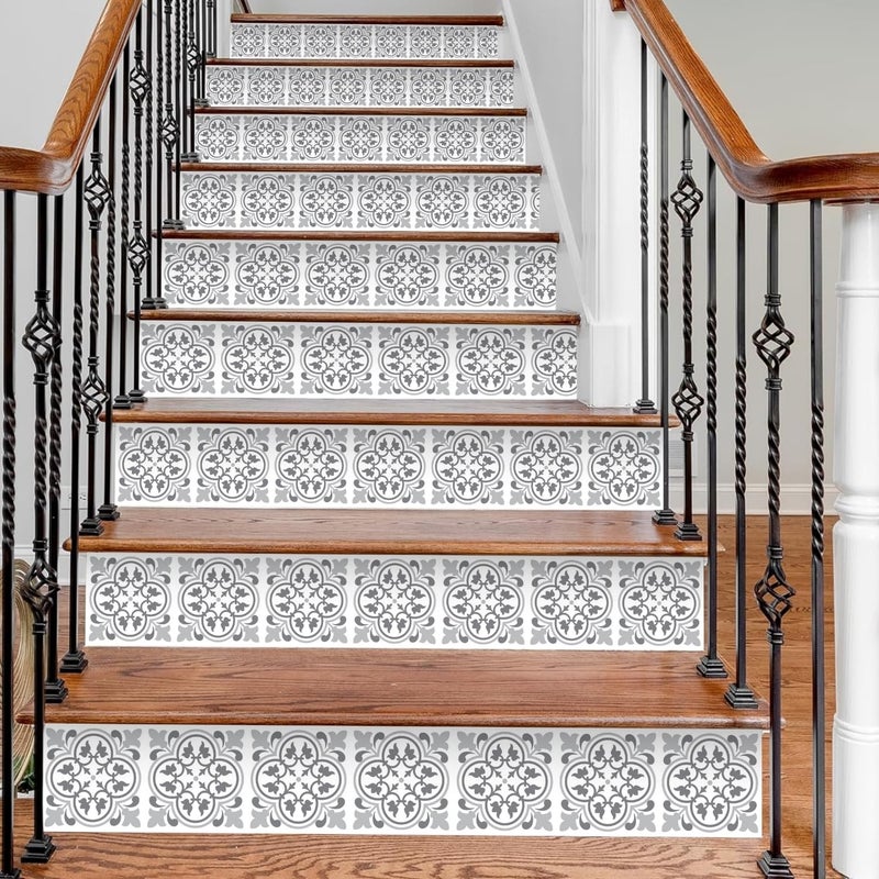WALPLUS Peel and Stick Stair Riser Decals 15 Strips 39" x 7.1" Antique Pattern Tiles Stair Stickers Stair Decals Stair Risers Covers Wallpaper for Stairs Easy Installation Home Decor - Image 1