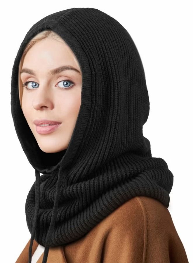 وشاح قبعات شتوية من الصوف السميك المبطن برباط قابل للتعديل وشاح دافئ بغطاء للرأس وقبعة جمجمة - Image 1