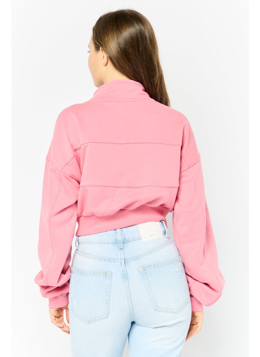 NIA Women High Neck Plain Crop Sweatshirt, Pink  - Image 4