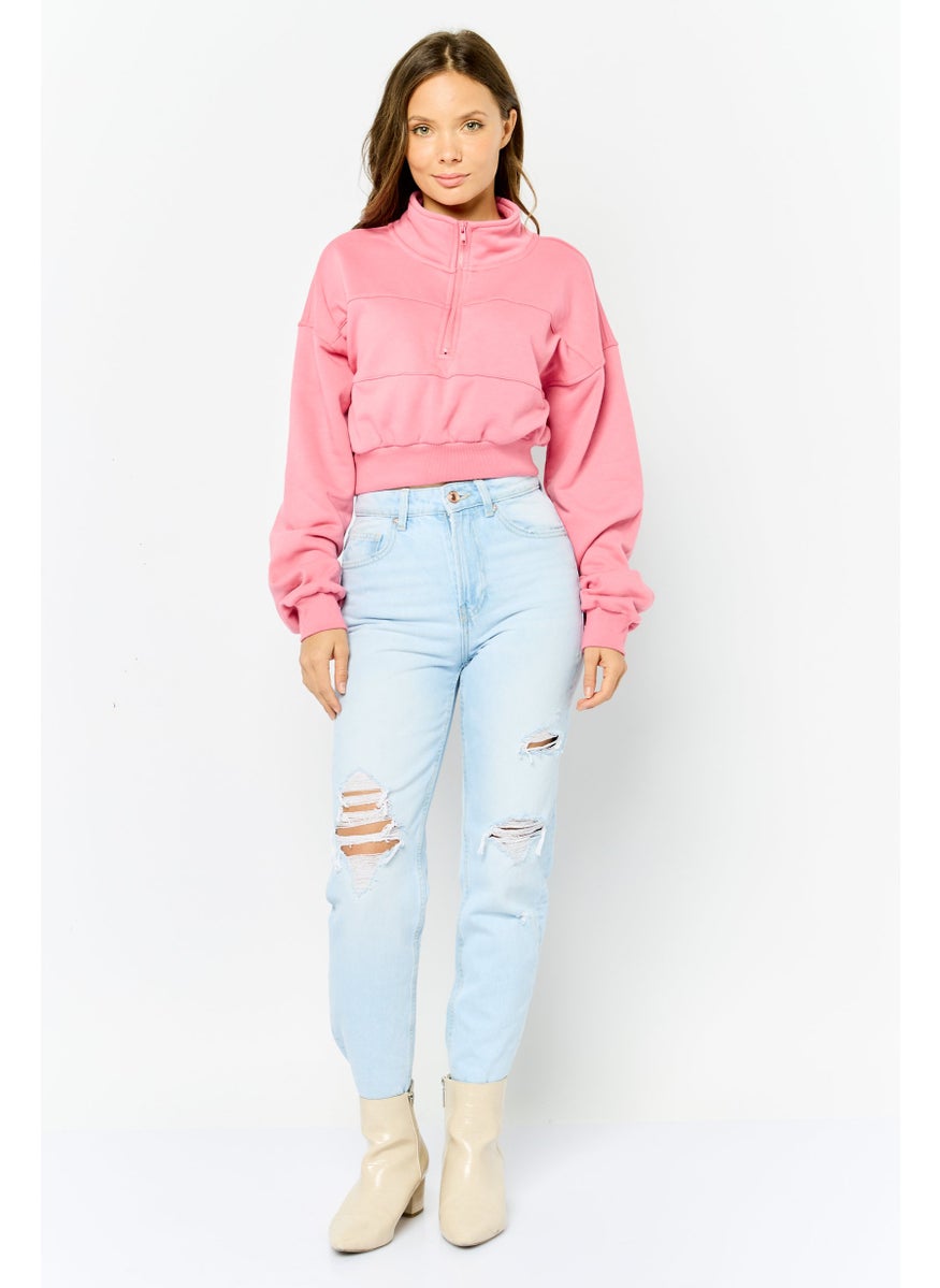 NIA Women High Neck Plain Crop Sweatshirt, Pink  - Image 2