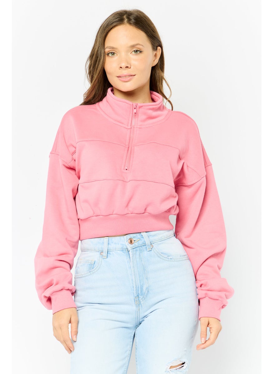 NIA Women High Neck Plain Crop Sweatshirt, Pink  - Image 1