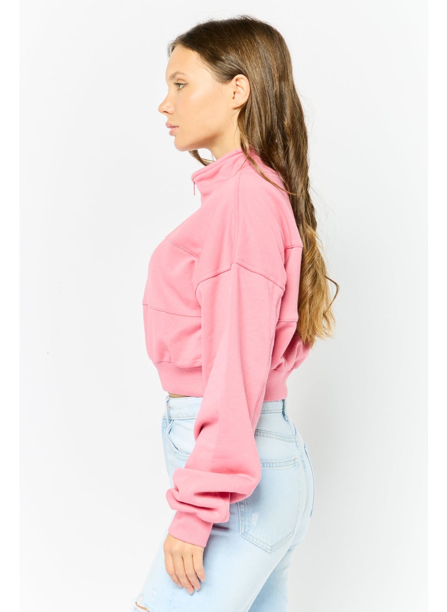 NIA Women High Neck Plain Crop Sweatshirt, Pink  - Image 3