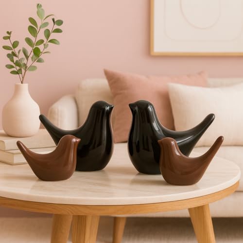 LADROX Creative Brown and Black Glossy Ceramic Birds Figurines Home Decorations Accessories Party (Pack of 4, Black & Brown) - Image 1