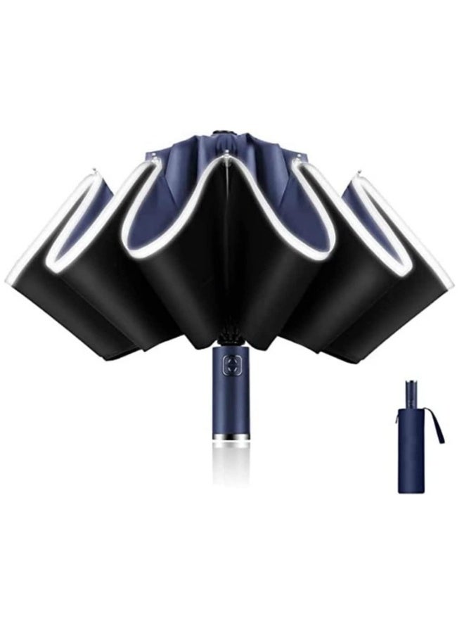 UPF UV Protection Travel Umbrella Automatic on/off Reverse Umbrella Folding Compact Windproof Lightweight Sunscreen Umbrella with Reflective Strip Dark Blue - Image 1