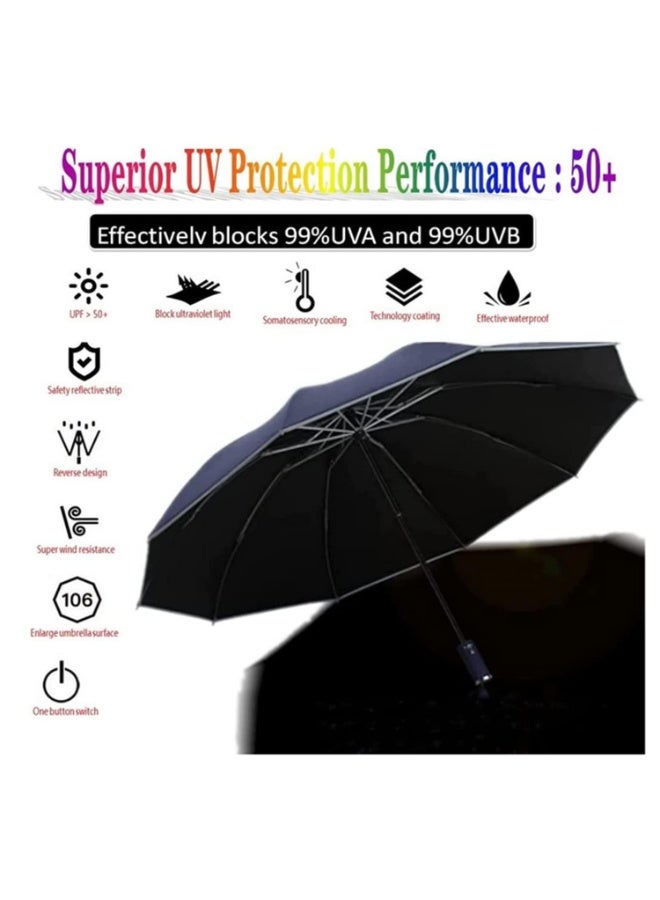 UPF UV Protection Travel Umbrella Automatic on/off Reverse Umbrella Folding Compact Windproof Lightweight Sunscreen Umbrella with Reflective Strip Dark Blue - Image 4