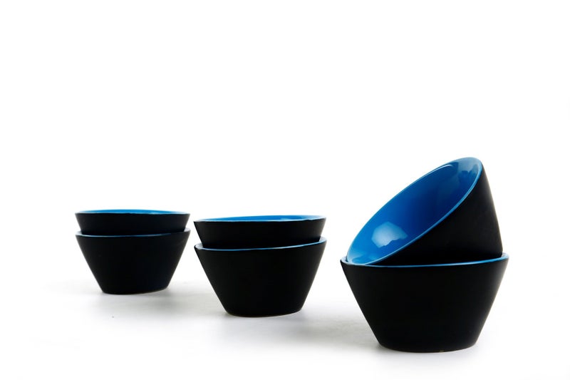 Caffeine Ceramic Handmade Black Matte & Blue Dessert Bowl (Set of 6, 150 ml) - Image 1