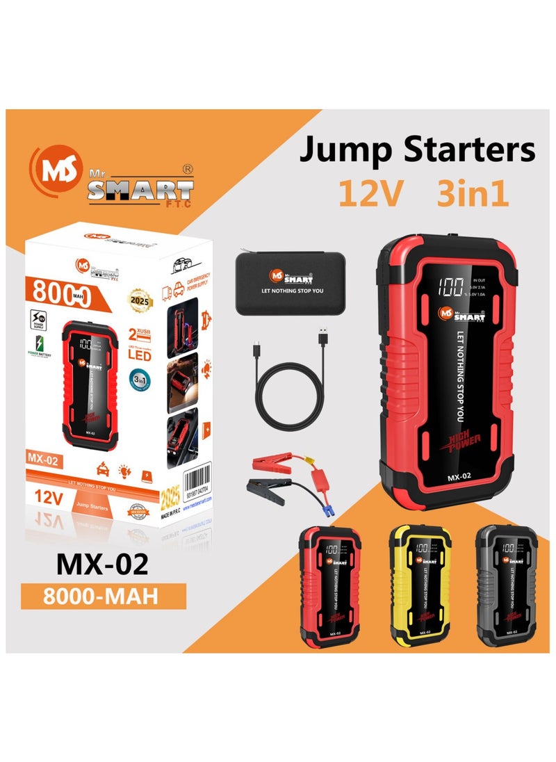 MR.SMART MX-02 Car Jump Starter, 12V 8000mAh, 3-in-1 Portable Power Bank with LED Light, Black and Red  - Image 1