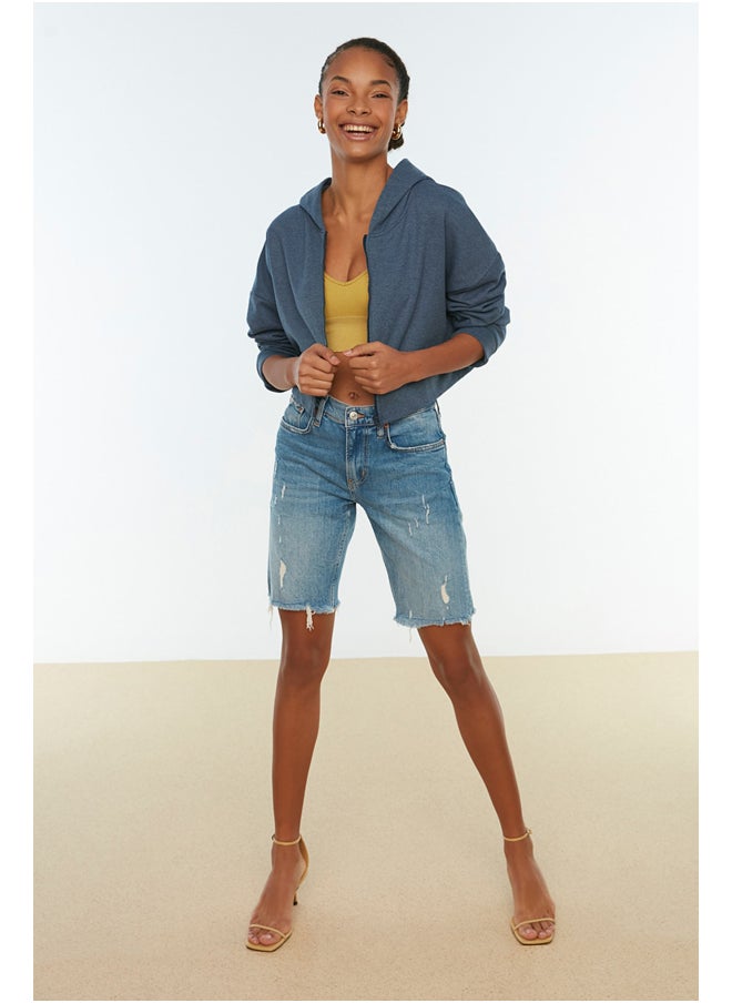 trendyol - Indigo Basic Zipper Hoody Crop Thick Fleece Knitted Sweatshirt TWOAW20SW0660 - Image 1