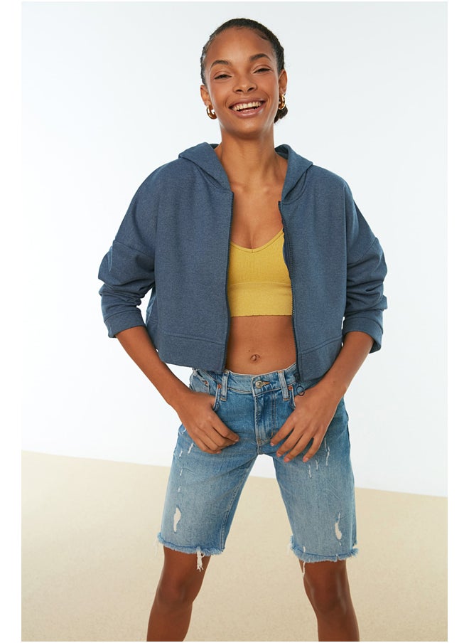 trendyol - Indigo Basic Zipper Hoody Crop Thick Fleece Knitted Sweatshirt TWOAW20SW0660 - Image 1