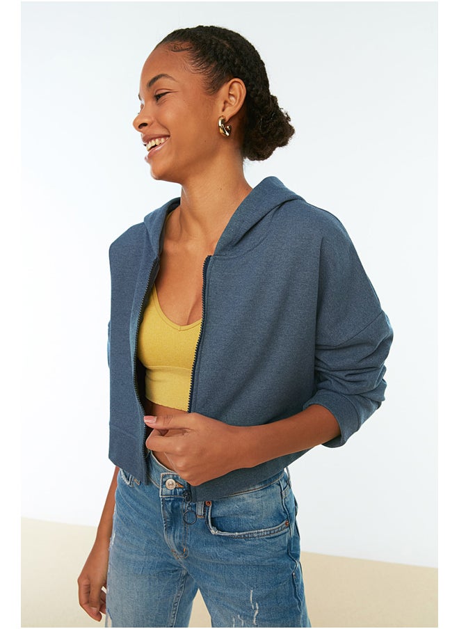 trendyol - Indigo Basic Zipper Hoody Crop Thick Fleece Knitted Sweatshirt TWOAW20SW0660 - Image 1