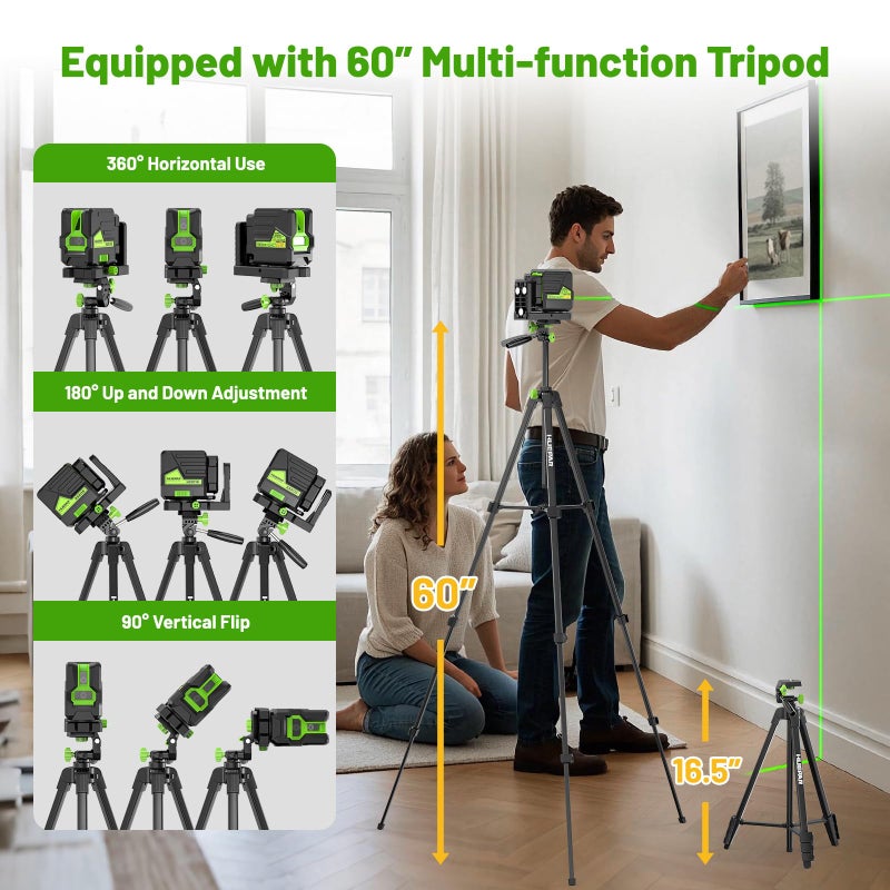 Huepar Laser Level with 60in Tripod, 1/13 High Accuracy Self Leveling Green Cross Line Lazer Leveler for Picture Hanging, Tile, Home Renovation, with Pluse Mode for Outdoor, Carry Case, Glasses - Image 3