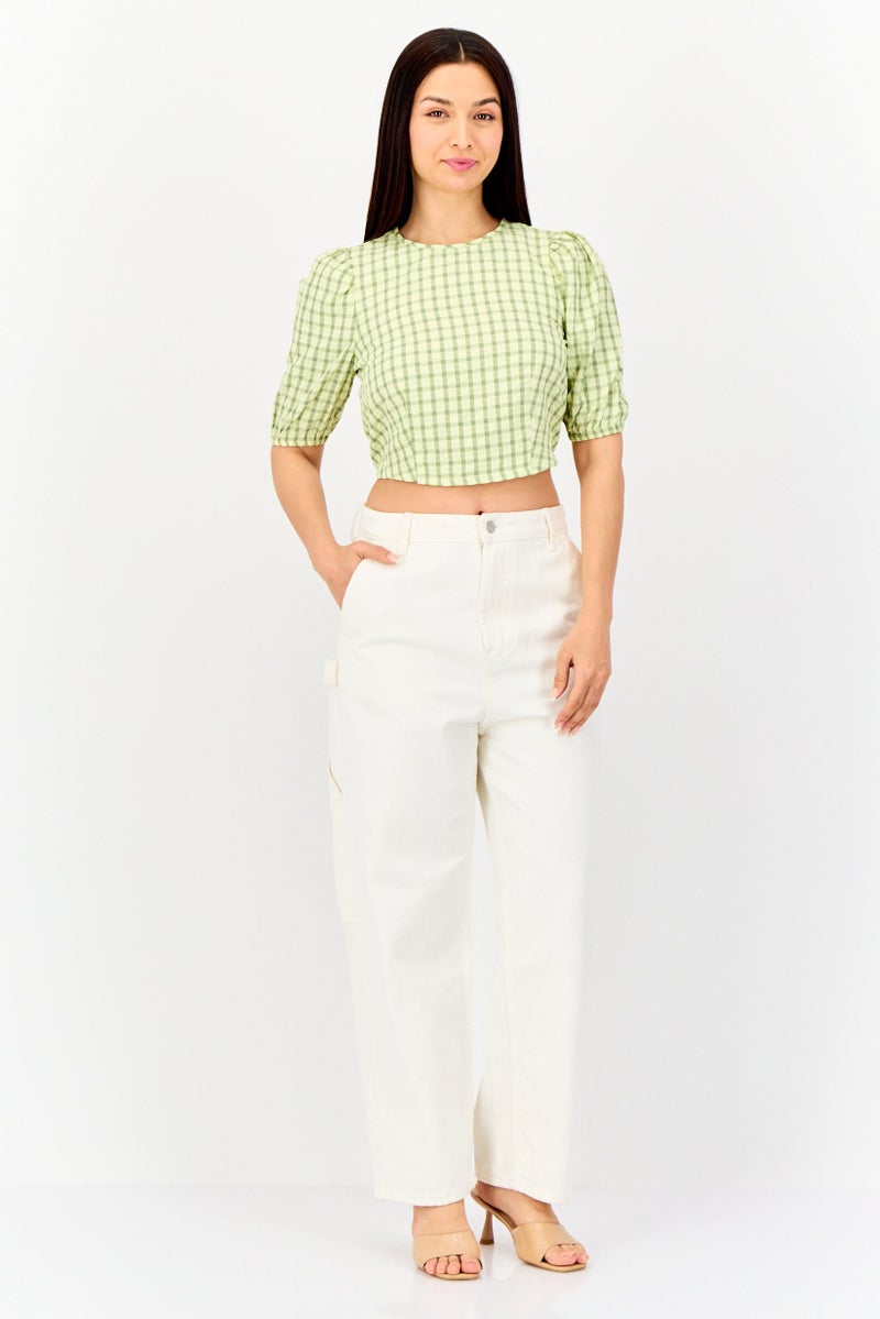 ONLY Women Round Neck Short Sleeves Checkered Top, Multicolor - Image 3