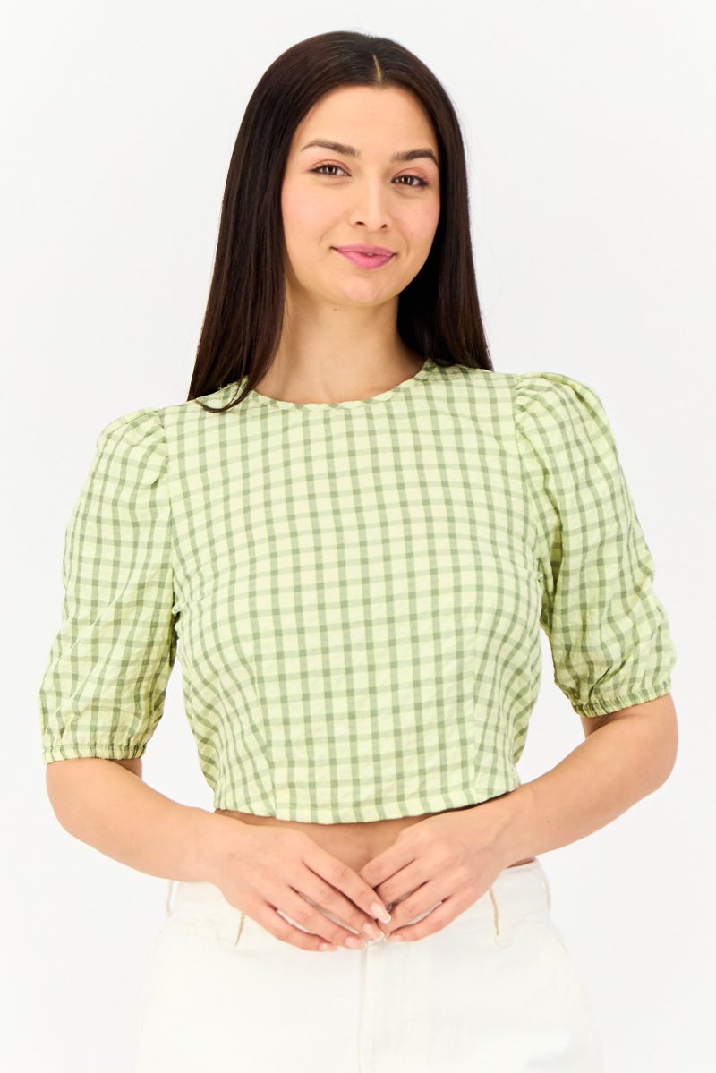 ONLY Women Round Neck Short Sleeves Checkered Top, Multicolor - Image 1
