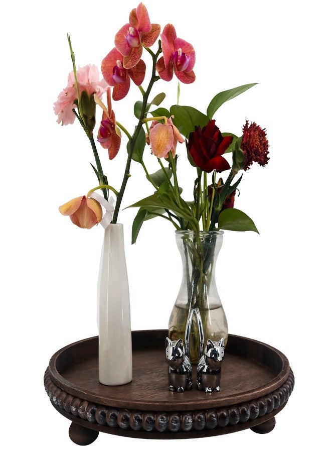 FramePro Decorative Tray 12in Round Wood Beaded - Brown Serving Tray Risers for Living Room, Coffee Table, Kitchen or Farmhouse Display - Image 1