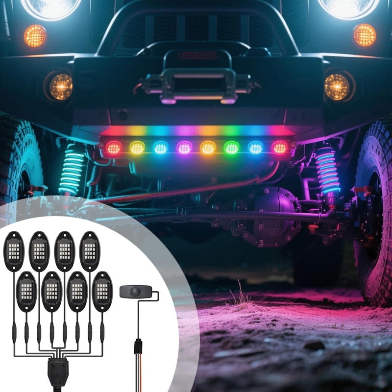RGB Led Rock Lights Kit for Trucks, 8-in-1 Set with Wireless Control, Dynamic Waterproof Lighting for Underbody Use - Image 4