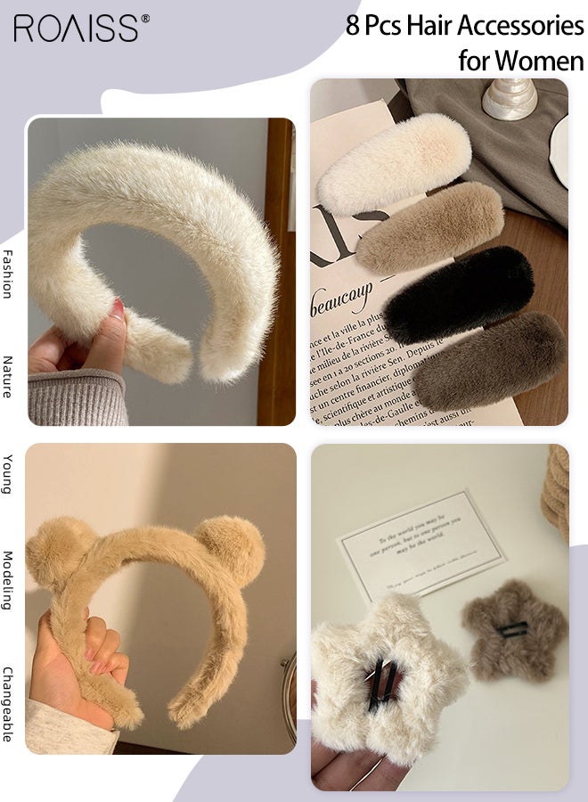 رويس 8 قطع من إكسسوارات الشعر القطيفة الأنيقة، 4 قطع من مشابك الشعر الناعمة، 2 قطعة من مشابك الشعر النجمية القطيفة اللطيفة، 2 قطعة من عصابات الرأس الكرتونية غير القابلة للانزلاق ذات الحواف العريضة، مجموعة متنوعة من الأنماط لتتناسب مع الملابس اليومية للنساء - Image 1