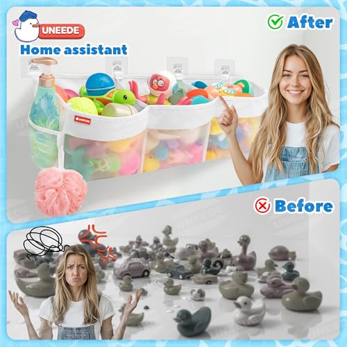 UNEEDE 3 Compartment Horizontal Bath Toy Organizer for Tub,Extra Large Capacity 4.95 Gallons Bath Toy Storage Holder,Mesh Quick Dry Bathtub Storage and Organizer,Easy Access Baby Bathtub Holder - Image 2