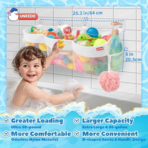 UNEEDE 3 Compartment Horizontal Bath Toy Organizer for Tub,Extra Large Capacity 4.95 Gallons Bath Toy Storage Holder,Mesh Quick Dry Bathtub Storage and Organizer,Easy Access Baby Bathtub Holder - Image 4