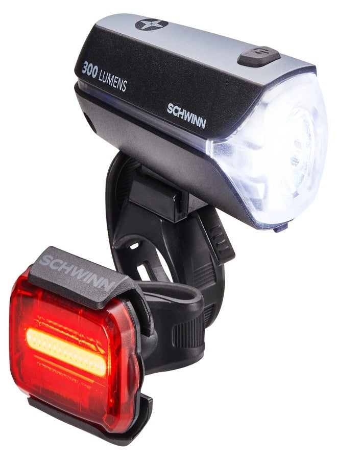 Schwinn 300 Lumen USB Rechargeable Bike Light Set, LED, Headlight and Taillight with Steady, Flash and Burst Modes, Wide-Angle Visibility, Tool-Free Install, USB-C Charging, for City and Road Riding - Image 1