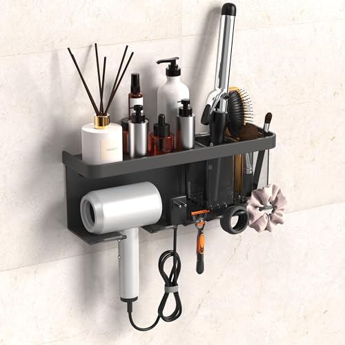 YIHOFLO Hair Dryer Holder Wall Mounted Adhesive/Drilling, Hair Dryer Storage Organizer with Shelf & Hooks for Bathroom, Blow Dryer Holder, Hair Tool Organizer (Grey) - Image 1
