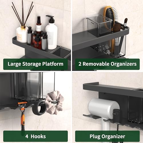 YIHOFLO Hair Dryer Holder Wall Mounted Adhesive/Drilling, Hair Dryer Storage Organizer with Shelf & Hooks for Bathroom, Blow Dryer Holder, Hair Tool Organizer (Grey) - Image 3