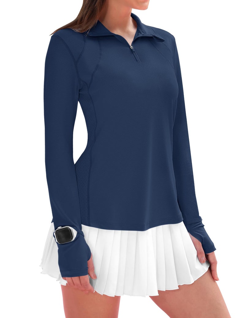 IECCP Womens Long Sleeve Sun Shirts 1/4 Zip UV SPF 50+ Sun Protection Quick Dry Athletic Polo Shirts Lightweight Breathable Running Workout Tops with Watch Hole (Navy Blue,L) - Image 1