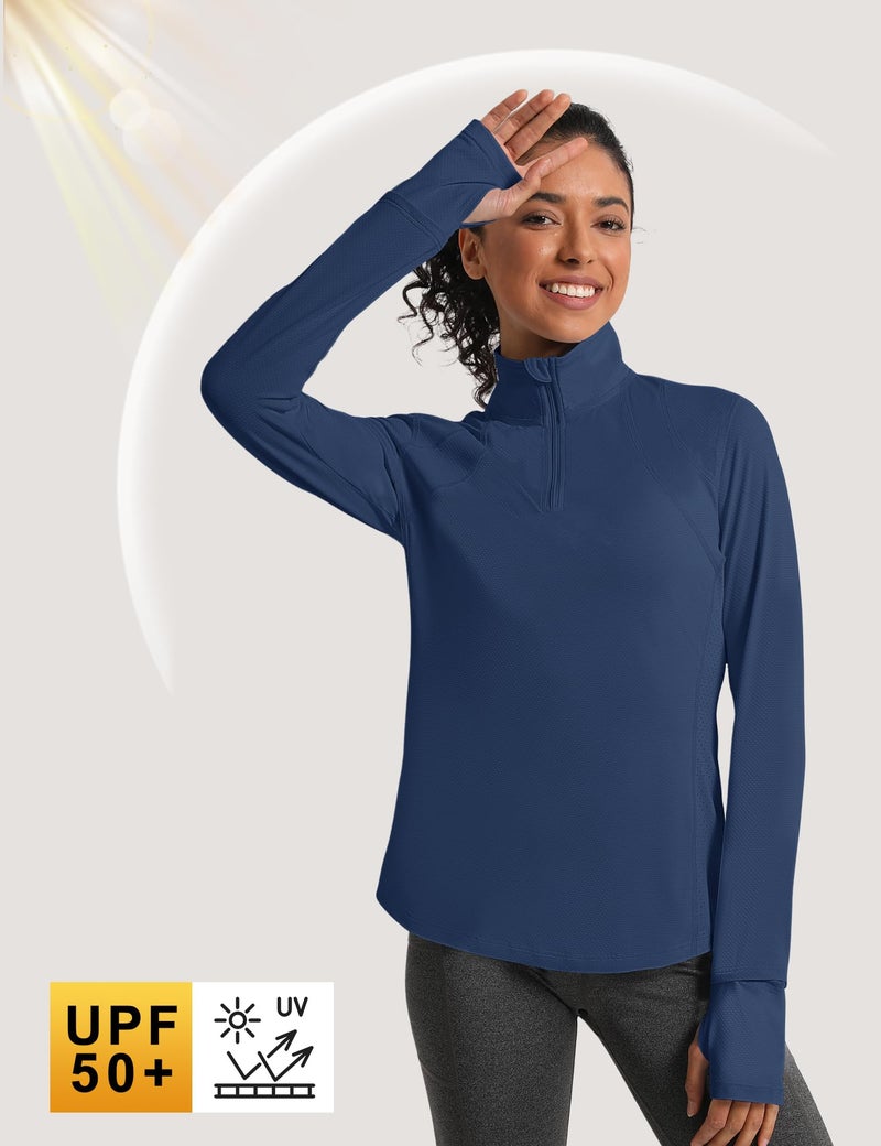 IECCP Womens Long Sleeve Sun Shirts 1/4 Zip UV SPF 50+ Sun Protection Quick Dry Athletic Polo Shirts Lightweight Breathable Running Workout Tops with Watch Hole (Navy Blue,L) - Image 2