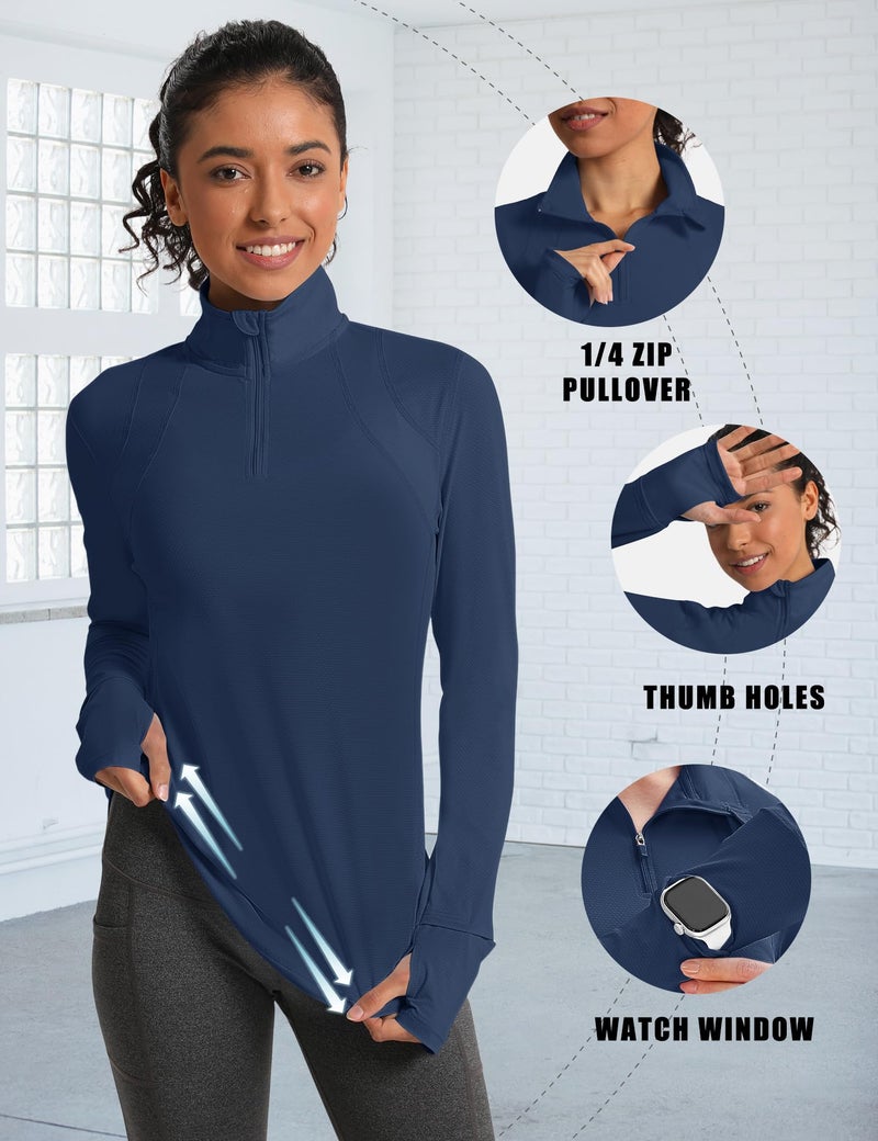 IECCP Womens Long Sleeve Sun Shirts 1/4 Zip UV SPF 50+ Sun Protection Quick Dry Athletic Polo Shirts Lightweight Breathable Running Workout Tops with Watch Hole (Navy Blue,L) - Image 5