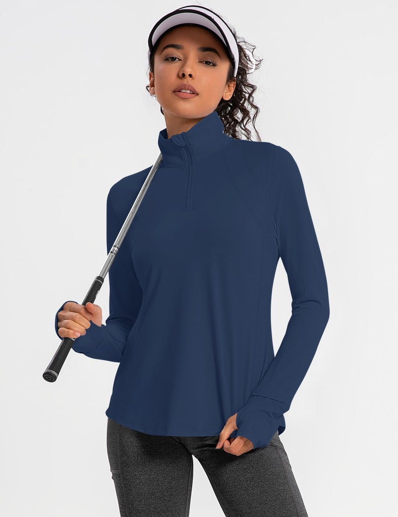 IECCP Womens Long Sleeve Sun Shirts 1/4 Zip UV SPF 50+ Sun Protection Quick Dry Athletic Polo Shirts Lightweight Breathable Running Workout Tops with Watch Hole (Navy Blue,L) - Image 3