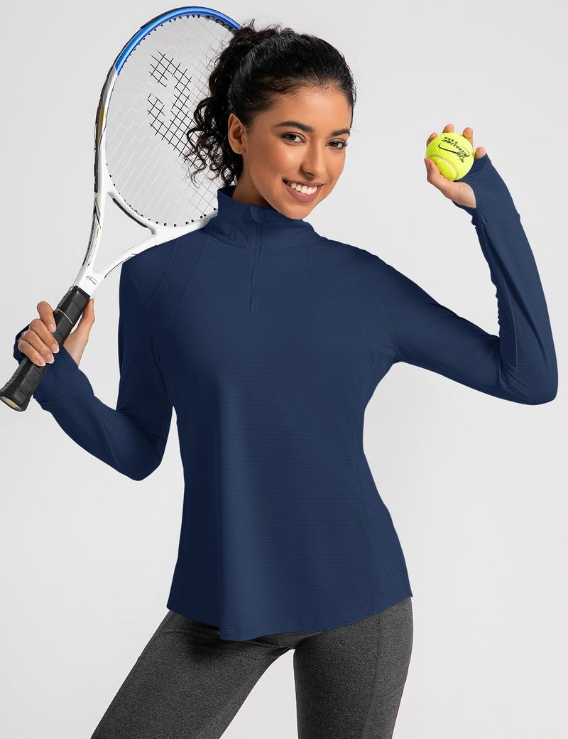 IECCP Womens Long Sleeve Sun Shirts 1/4 Zip UV SPF 50+ Sun Protection Quick Dry Athletic Polo Shirts Lightweight Breathable Running Workout Tops with Watch Hole (Navy Blue,L) - Image 4