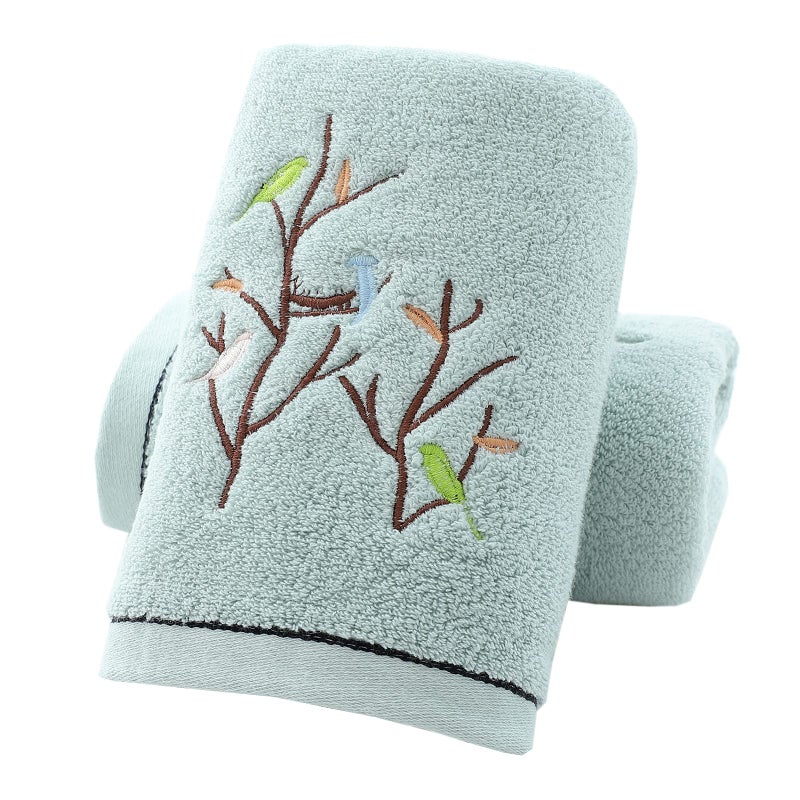 Pidada Hand Towels Set of 2 Embroidered Bird Tree Pattern 100% Cotton Absorbent Soft Decorative Towel for Bathroom (Aqua Green) - Image 1