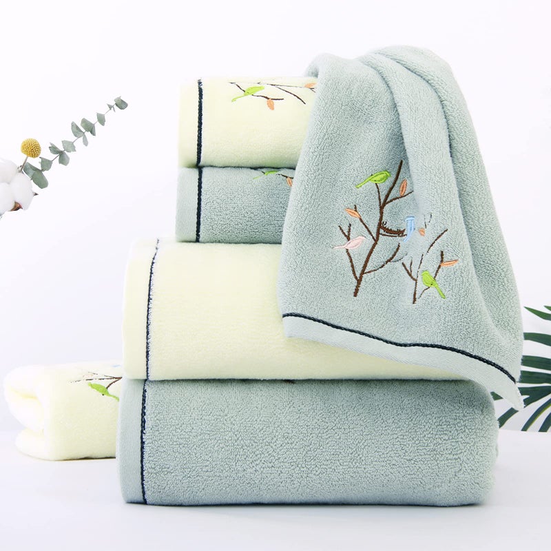 Pidada Hand Towels Set of 2 Embroidered Bird Tree Pattern 100% Cotton Absorbent Soft Decorative Towel for Bathroom (Aqua Green) - Image 4