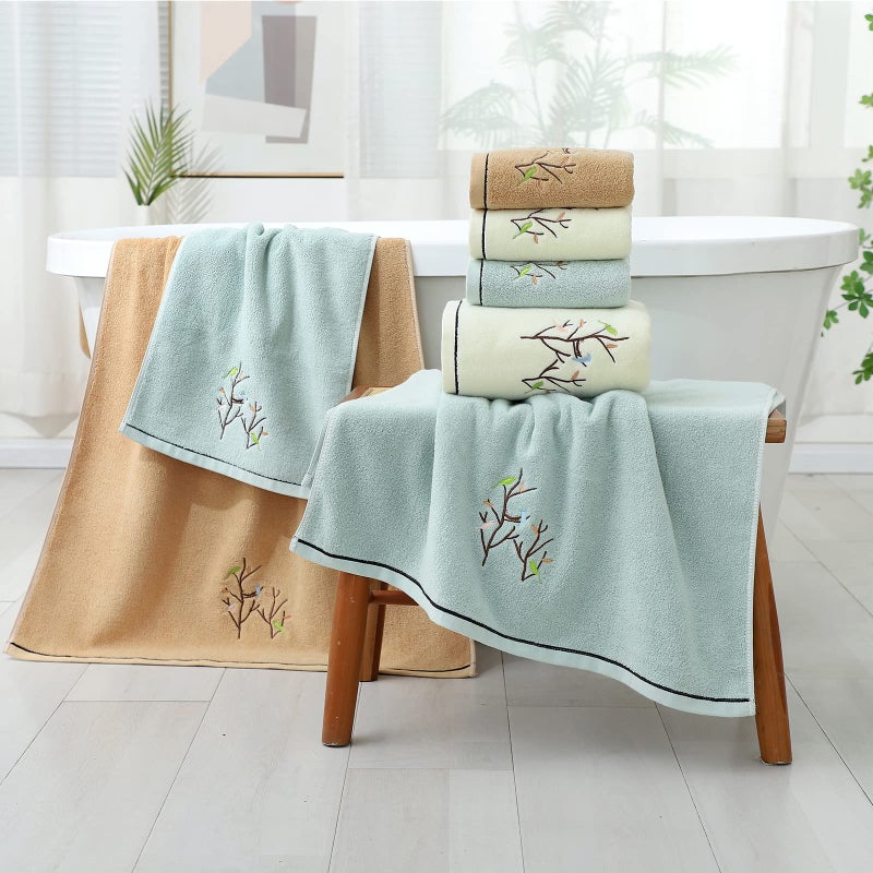 Pidada Hand Towels Set of 2 Embroidered Bird Tree Pattern 100% Cotton Absorbent Soft Decorative Towel for Bathroom (Aqua Green) - Image 5