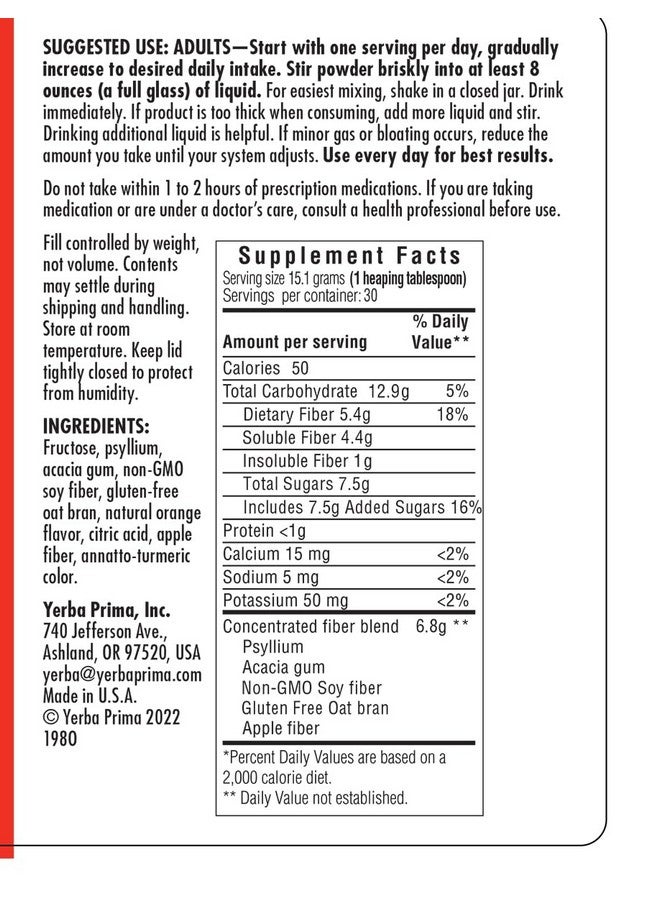 يربا بريما مسحوق Yerba Prima Daily Fiber Formula بحجم 16 أونصة (عبوة من 3 قطع) - مكمل غذائي ممتاز عالي الجودة بمذاق رائع، صنع في الولايات المتحدة الأمريكية، خالٍ من الكائنات المعدلة وراثيًا، خالٍ من الجلوتين، بنكهة البرتقال الطبيعية - Image 4