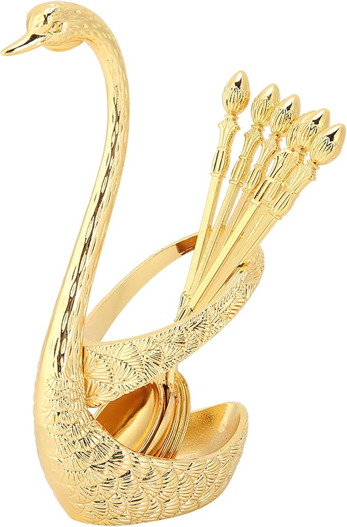 Gold Swan Spoon Set Stainless Steel Cutlery With Zinc Alloy Holder Kitchen Dining Organizer - Image 1