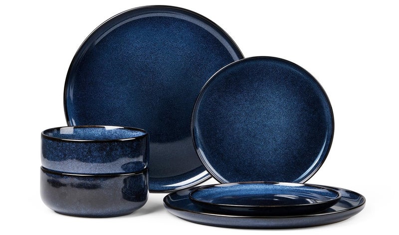 Herogo 6 Pieces Stoneware Dinnerware Sets Service for 2 Dinner Plates and Bowls Sets Double Reactive Glaze Dishes Set for Kitchen Scratch Resistant Microwave Dishwasher Safe Starry Blue