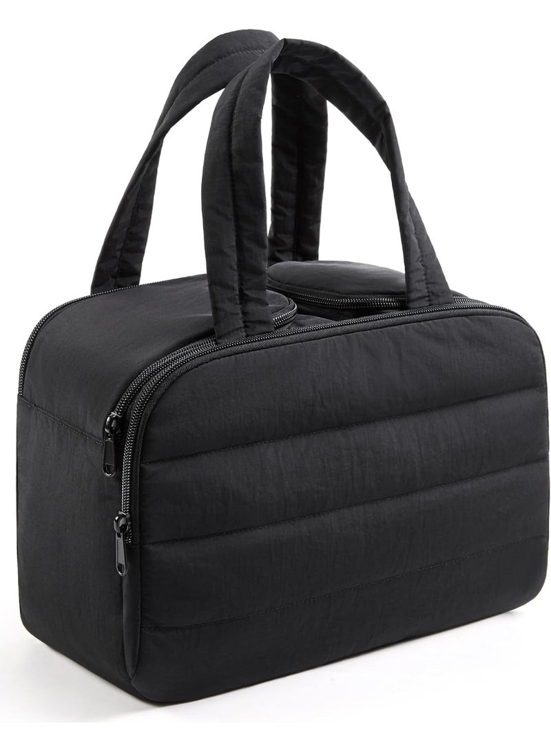 Double Wide Opening Large Capacity Makeup Bag, Premium Portable Travel Cosmetic Bag, Fluffy Toiletry Storage Organizer for Women（black） - Image 1